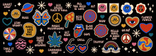 Vector Groovy Psychedelic Smiley Faces, Hearts Butterfly Rainbow, Weed, Mushroom, Cosmos Stickers, Quotes. Cool Bold Retro Crazy Rave Patches Funky Party Hippie Stickers. Cartoon Style Hipster Symbols