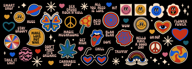 vector groovy psychedelic smiley faces, hearts butterfly rainbow, weed, mushroom, cosmos stickers, q