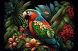 Tropical rainforest with parrot with leaves and flowers. Generative AI illustration