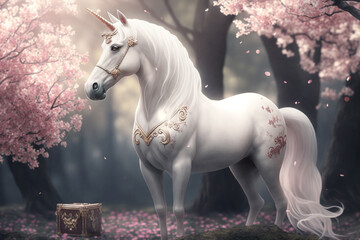 white day | magical white unicorn stands in a clearing surrounded by blooming cherry blossom trees. 