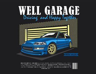 Canvas Print - t-shirt design vector with car illustration and garage background along with text graphic