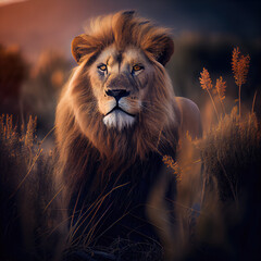 Wall Mural - AI Generated image of a lion in nature professional color grading soft shadows