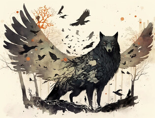 Wall Mural - wolf with black wings in the forest Generative AI