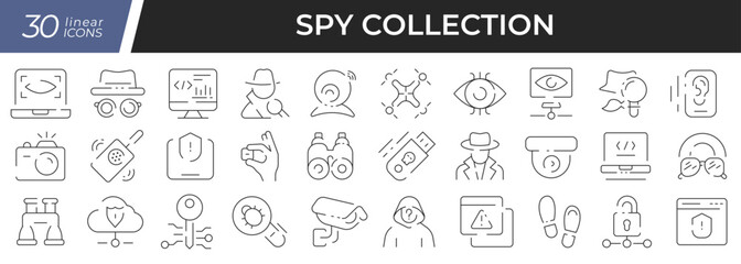 Poster - Spy linear icons set. Collection of 30 icons in black