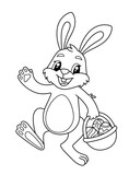 Fototapeta  - Easter Bunny holding basket with Easter eggs. Black and white vector illustration for coloring book