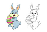 Fototapeta  - Easter Bunny with Easter egg. Black and white vector illustration for coloring book with example in color