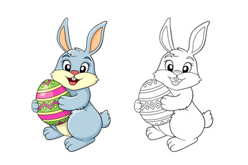 Easter Bunny with Easter egg. Black and white vector illustration for coloring book with example in color