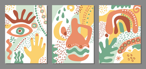 Canvas Print - Boho wall art. A set of abstract posters, covers. Wall prints for the interior. Rainbow, clay pot, leaves, hand and eye. Organic shapes, spots and dots. Pastel colors. Vector illustration.