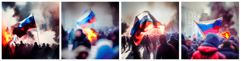 Wall Mural - Protests in Russia. People fighting with flags at demonstration. AI generative.