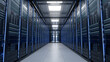 Inside Large Data Center. Advanced Cloud Computing Concept. Corridor with Server Racks and Cabinets full of Hard Drives