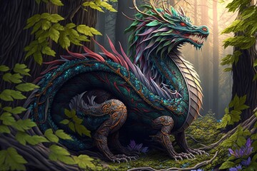 Wall Mural - huge powerful magical forest dragon with bright scales, created with generative ai