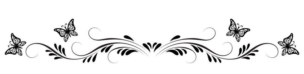 Poster - Vintage symmetrical floral ornament with butterflies for greeting card isolated on white