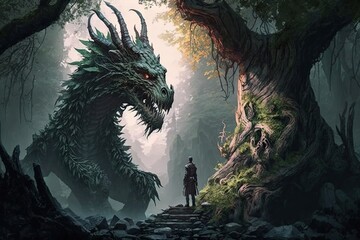 Wall Mural - ancient magic forest dragon and man standing on hill, created with generative ai