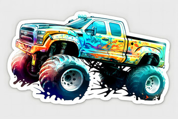 Monster truck sticker with multicolored paint splash. Neural network AI generated art