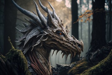 Wall Mural - magical creature in form of dangerous forest dragon with large ears, created with generative ai