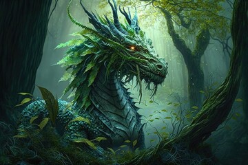 Wall Mural - mystical fantasy creature in form of huge green forest dragon, created with generative ai