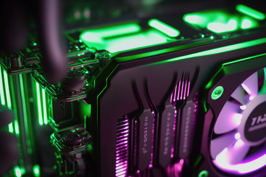 closeup of graphic card. gpu or graphics proccesing unit with neon fans. generative ai