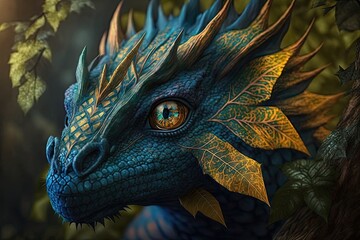 Wall Mural - bright fantasy animal in form of forest dragon with eyes and nose, created with generative ai