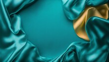 Beautiful Satin Background. Silk Background. Abstract Background With Satin, And Silk Waves. Shiny Fabric. Luxury Teal Background With Space For Text, And Design. Web Banner Top View. AI-Generated