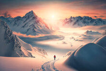 Mountaineering Man Treks Through The Snow-capped Mountains, His Sturdy Boots Digging Into The Trail As He Braves The Chilly Winds And Steep Terrain. AI Generative