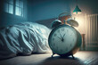 Alarm clock in a bedroom with mysterious light. Nightmare and paranormal activity concept. AI generative