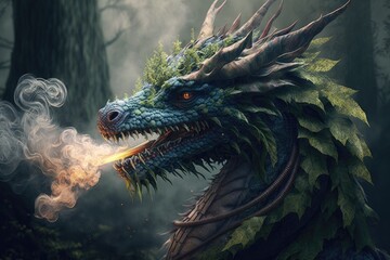 Wall Mural - young mystical forest dragon with smoke coming out of its mouth, created with generative ai