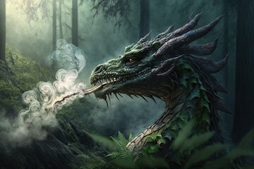 Wall Mural - young mystical forest dragon with smoke coming out of its mouth, created with generative ai