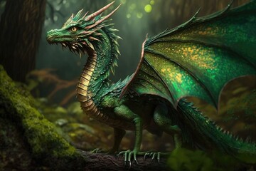 Wall Mural - long-tailed green forest dragon with big wings and fiery eyes, created with generative ai