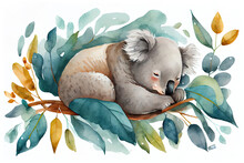 Watercolor Illustration Sleeping Koala. Generative AI, Generative, AI