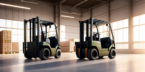 Two forklifts are parked in a warehouse with boxes on the floor. Side view. Generative AI technology. 