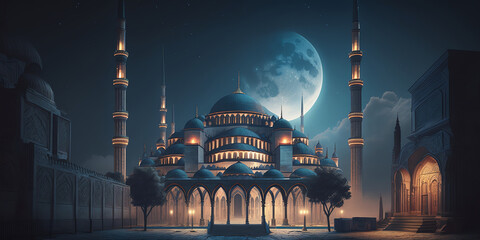 Ramadan Kareem Horizontal Banner. The Blue Mosque in Ramadan, lit up by the moonlight. Generative AI