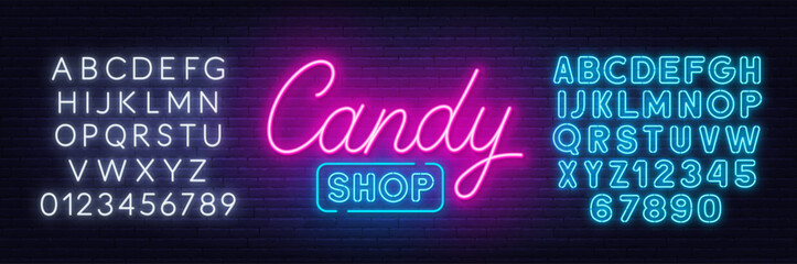 Poster - Candy Shop neon sign on brick wall background.