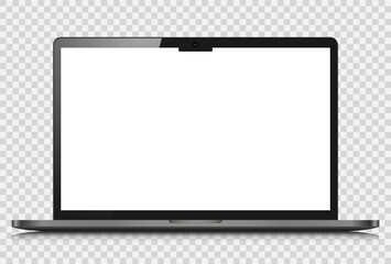 Fototapete - The layout of a modern laptop with a reflection on a transparent background. A realistic laptop with a dark silver case and a white screen. Vector EPS 10.