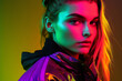 Portrait of a trendy young woman with bright clothing and bright neon lighting. Generative ai