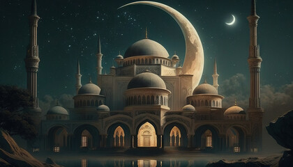 Ramadan's celebration background with Mosque and crescent moon at night, generative ai