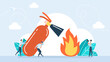 © Yurii - Business people using a fire extinguisher to extinguish a fire protection. Tiny people firefighters extinguishing flame. Rescuer. Fire prevention technologies. Alarm. Flat vector illustration