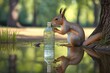 European squirrel came for a drink on a hot summer day by the lake, AI generated