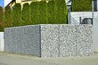 Grünzaun mit Zypressen und Gabionenmauer aus mit Natursteinbruchstücken gefüllten Gabionen-Stahlgitterkörben um ein neu bebautes Grundstück in einem Neubaugebiet