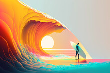 Summer Vocation. Surfing In Pop Art Style With Glowing Lines. Concept AI Generation
