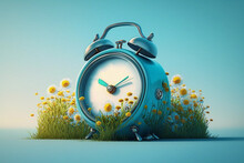 The Concept Of Daylight Saving Time. The Clock Is Moved Forward One Hour. Floral Landscape With Alarm Clock. Flat Illustration. AI Generation