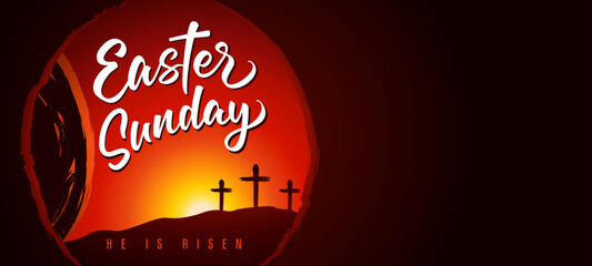 Wall Mural - Easter Sunday calligraphy banner, tomb and cross on Calvary. Christ our Passover, lettering and rock rolled away from the cave. Vector illustration