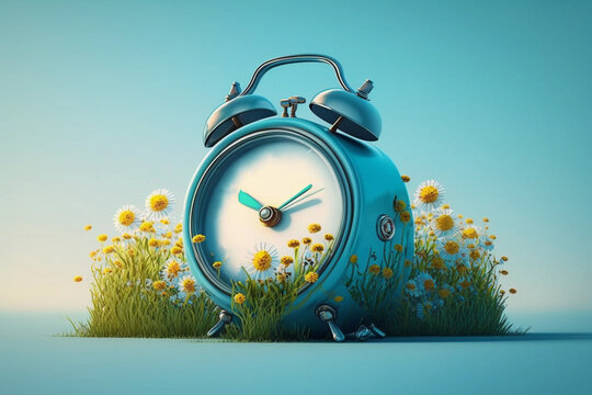 the concept of daylight saving time. the clock is moved forward one hour. floral landscape with alar