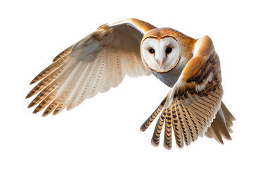 flying common barn owl isolated on background