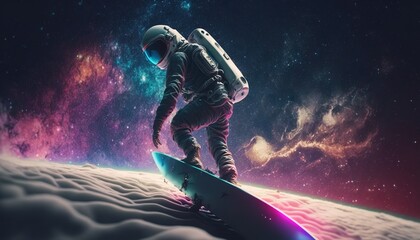 Wall Mural - vivid colorful illustrations of astronaut in space surfing on surfboard waves of galaxies generate a