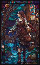 Young Woman Sets Out On A Journey.  Stained Glass Art Nouveau Style.  Generative AI