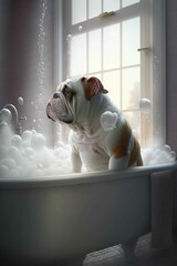Wall Mural - dog in bath taking shower
