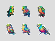 Stickers Set Of Parrots. Set Of Cute Cartoon Tropical Birds Stickers. Colorful, Simple Design, Vector, Sticker, Sketch Set On White Background. Set Of Patches For Clothing. Badges In Retro Style.