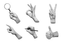 Set Of 3d Hands Showing Gestures Such As Ok, Peace, Thumb Up, Point To Object, Holding A Magnifying Glass, Writing Isolated On White Background. Contemporary Art In Magazine Style. Modern Design