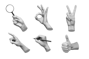 set of 3d hands showing gestures such as ok, peace, thumb up, point to object, holding a magnifying 