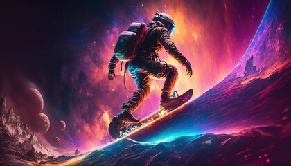 Wall Mural - vivid colorful illustrations of astronaut in space surfing on surfboard waves of galaxies generate a
